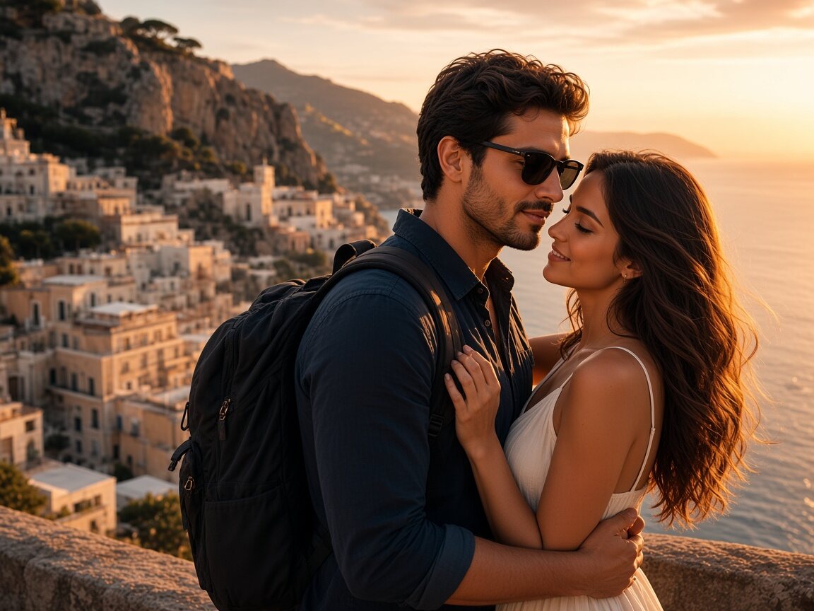 Casal abraçado em um mirante, com cidade e mar ao pôr do sol